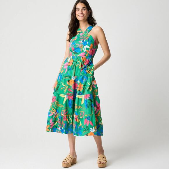 J. Crew Women's Printed Tiered Halter Midi Dress Bright Clover Tropical 0 P New - Picture 1 of 12